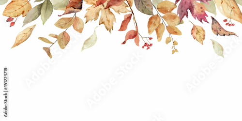 Watercolor vector border with fall leaves and branches isolated on a white background. photo