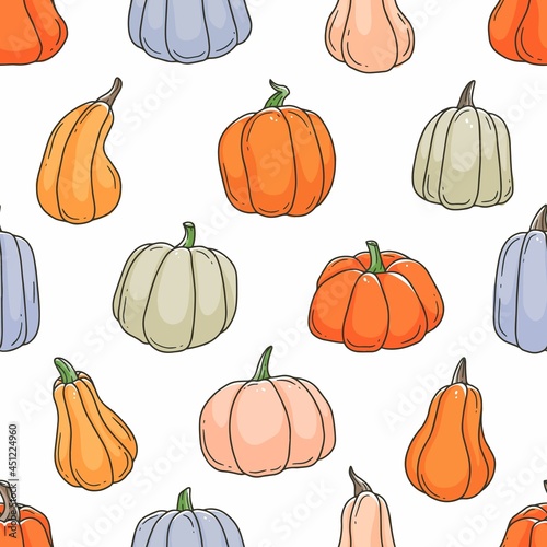 Multicolored different pumpkins cartoon doodle seamless pattern. Contour cute vector illustration background.