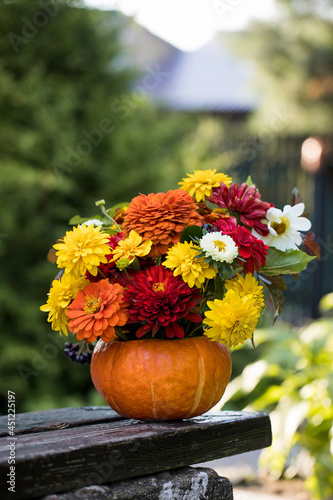 A beautiful autumn bouquet in a pumpkin on a wooden bench in the garden. Garden flowers. Thanksgiving day.
