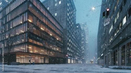 Snow in an empty city. Heavy snowfall in the city. Snowstorm in Manhattan. City with snow flakes. 3d visualization