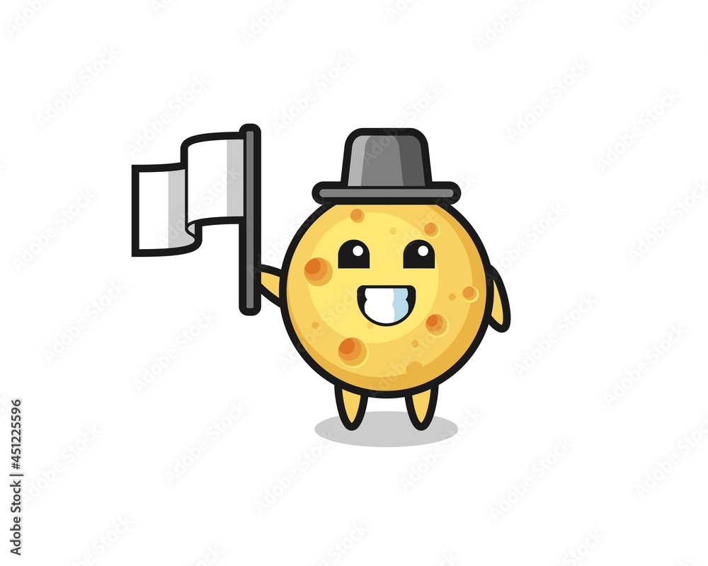 Cartoon character of round cheese holding a flag Cartoon character of round cheese holding a flag