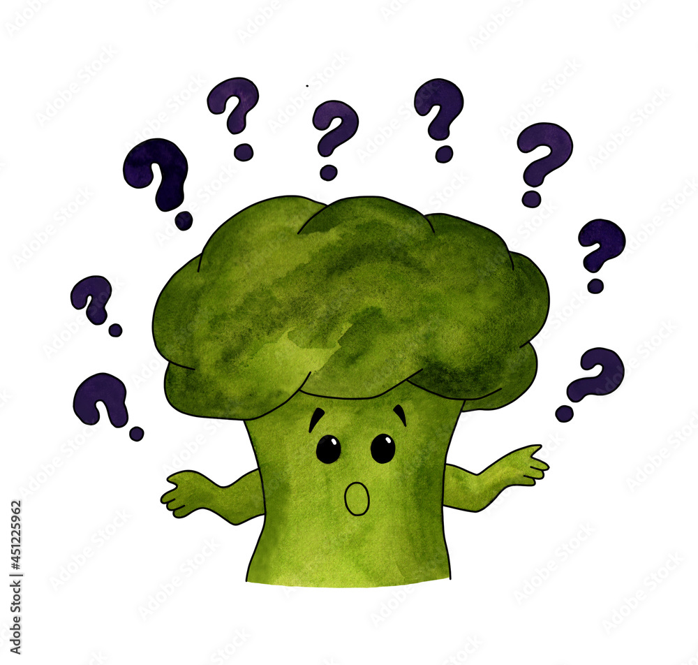 Surprised broccoli surrounded by purple question marks. Watercolor hand ...
