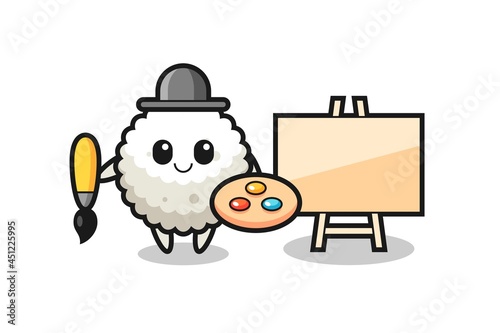 Illustration of rice ball mascot as a painter