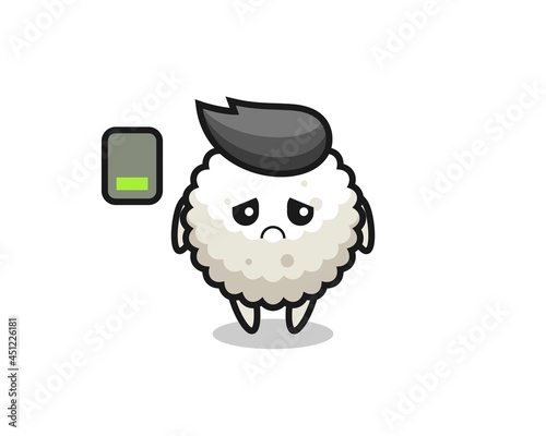 rice ball mascot character doing a tired gesture