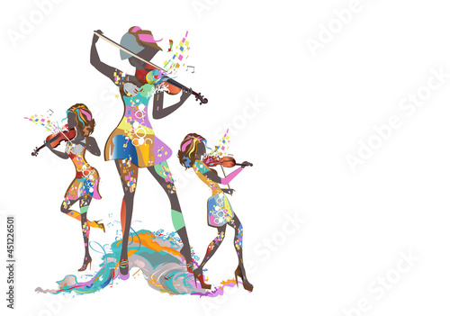 Fototapeta Naklejka Na Ścianę i Meble -  Abstract colorful women  moving in dance decorated with waves, notes. Hand drawn vector illustration. 