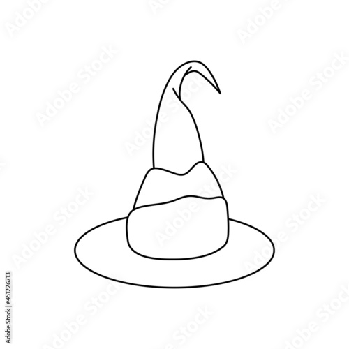 Witch hat vector illustration in doodle style. Hand drawn wizard cap for holiday Halloween. Black icon isolated on white background. Scary silhouette magician hat. Accessory for party on Halloween
