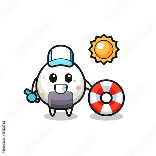 Cartoon mascot of onigiri as a beach guard