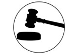 Composition of black gavel and circle icon on white background