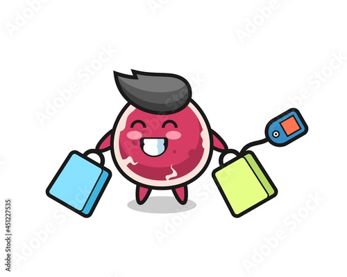 beef mascot cartoon holding a shopping bag