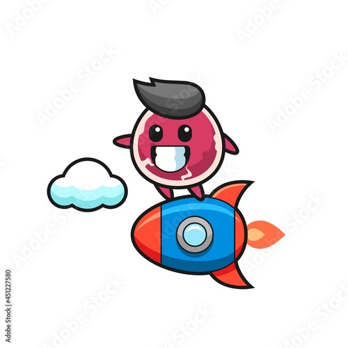 beef mascot character riding a rocket