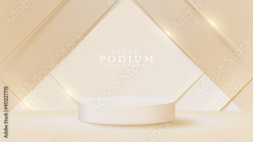 White podium display product and sparkle golden line scene, Realistic 3d luxury style background, vector illustration for promoting sales and marketing.