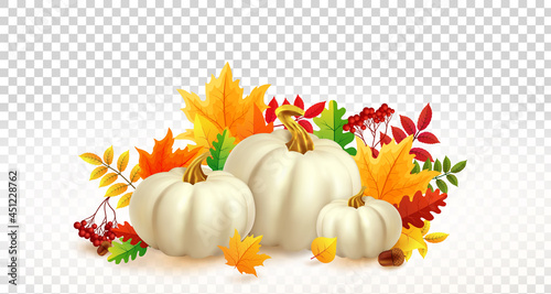 White pumpkins and autumn leaves on transparent background. Autumn festival invitation. Fall party template. Postcard or banner. 3d realistic vector illustration.