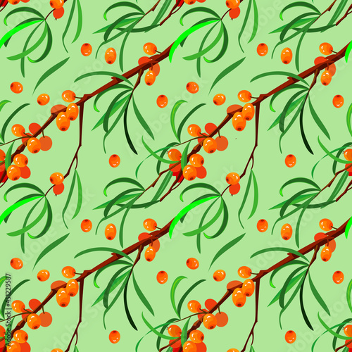 sea buckthorn branches, pattern on a green background