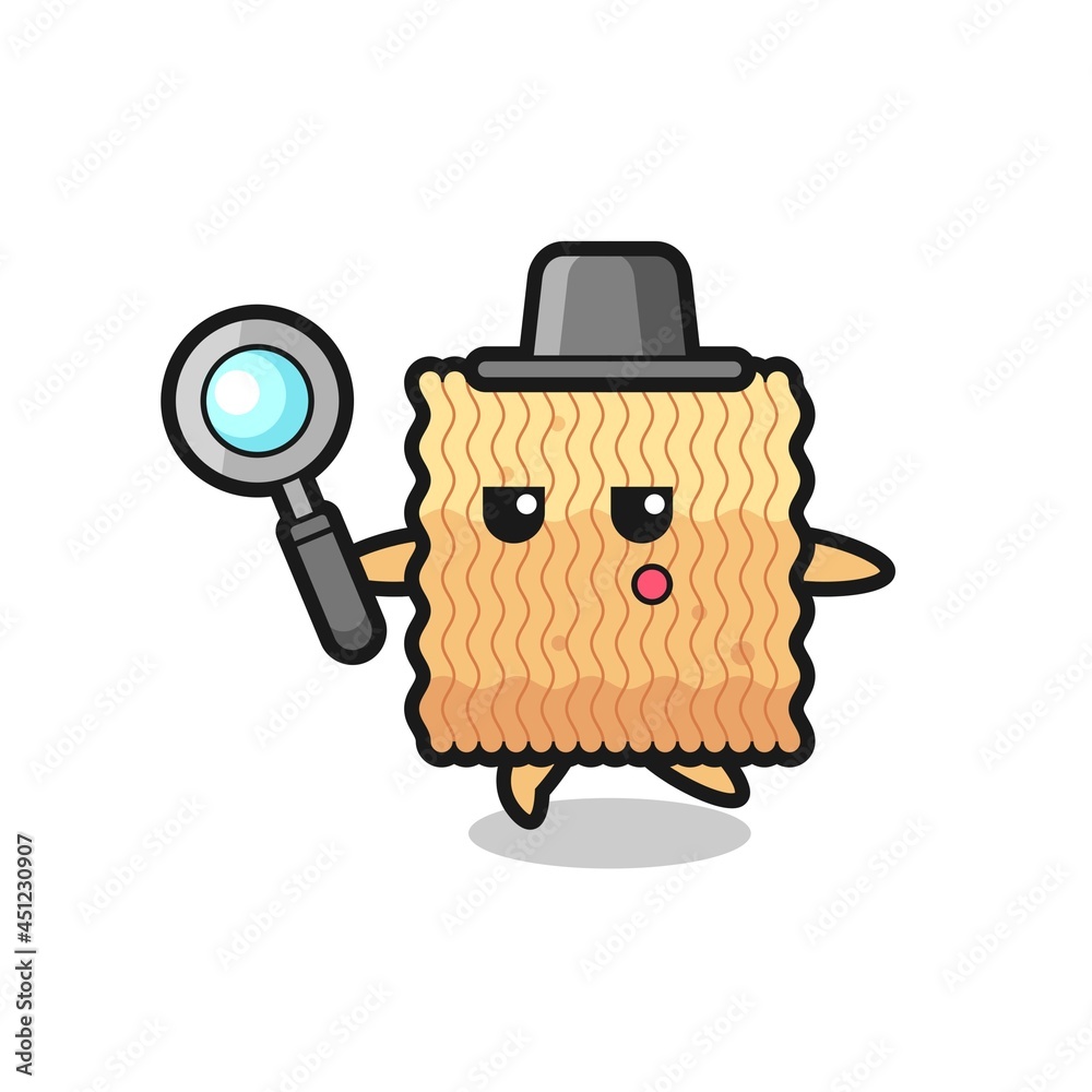 raw instant noodle cartoon character searching with a magnifying glass