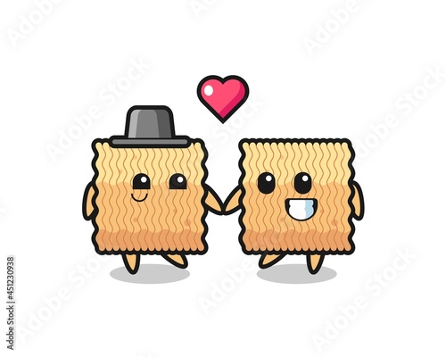 raw instant noodle cartoon character couple with fall in love gesture