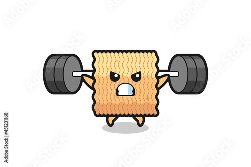 raw instant noodle mascot cartoon with a barbell