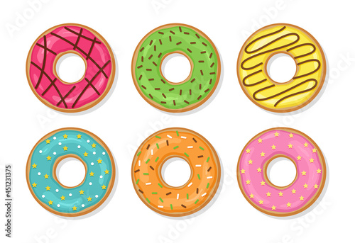Donuts with glaze and glossy icing. Set sweet doughnuts. Top view of birthday pastry. Confectionery dessert isolated on white background. Flat cartoon design. Vector illustration.
