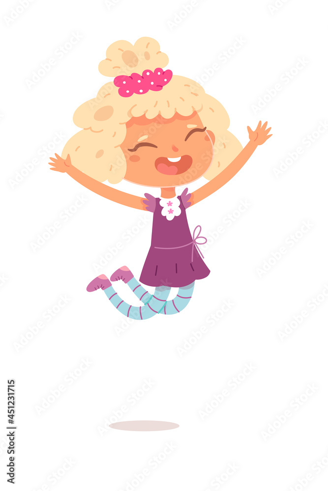 Smiling girl jumping for joy and hands up. Cute child wearing dress and bow in hair, isolated person on white background. Vector character illustration of children gestures, emotions, types of moods Smiling girl jumping for joy and hands up. Cute child wearing dress and bow in hair, isolated person on white background. Vector character illustration of children gestures, emotions, types of moods