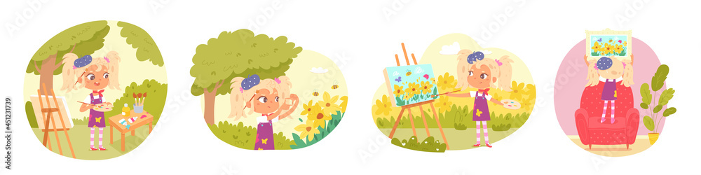 Girl artist painting set. Little child drawing outdoor picture of flowers on canvas on easel with brushes, watercolours, palette vector illustration. Hanging colorful art on wall Girl artist painting set. Little child drawing outdoor picture of flowers on canvas on easel with brushes, watercolours, palette vector illustration. Hanging colorful art on wall