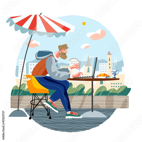 Man doing freelance work at cafe terrace. Young guy working with computer on desk online vector illustration. Modern lifestyle scene, remote business workplace with coffee outdoor