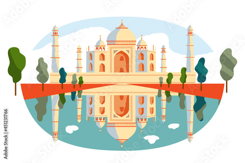 Taj Mahal mosque in India. Traditional national building with reflection in water with trees vector illustration. Tourism in India, famous architectural symbol on white background