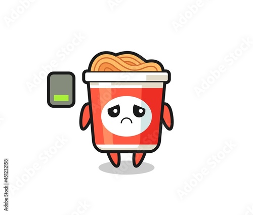 instant noodle mascot character doing a tired gesture