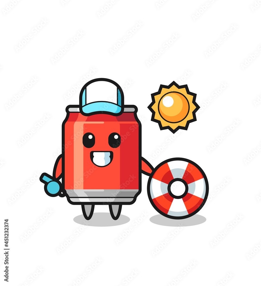 Cartoon mascot of drink can as a beach guard Cartoon mascot of drink can as a beach guard