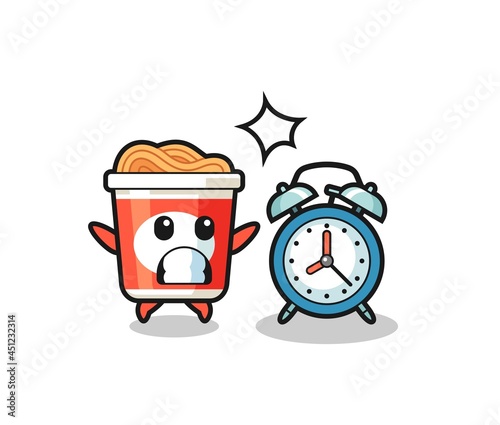 Cartoon Illustration of instant noodle is surprised with a giant alarm clock