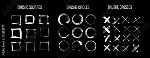 White ink brush strokes vector set. Freehand dry brush lines. Grunge style geometric elements, circles, squares, crosses isolated on black background