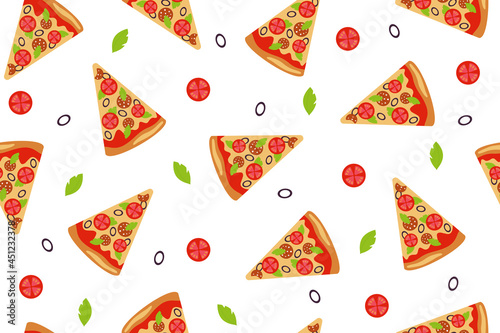 Seamless pattern with pizza slices, tomatoes and lettuce leaves on white background. For textiles, backgrounds, menus. Fast food, pastries, Italian cuisine. Vector illustration