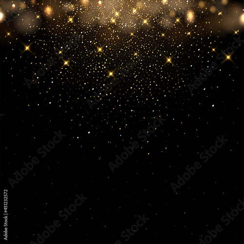 Golden glitter and sparkles on dark background. Yellow flakes in shiny light vector illustration. Bright dust sparkling on black wallpaper design. Christmas or holiday card decoration