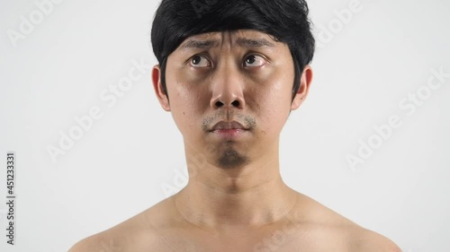 Close up asian man look around feeling afraid and suspiciously head shot naked portrait white isolated photo