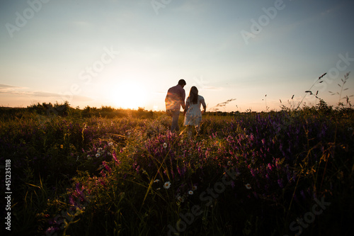 Lovely couple walking in the summer field