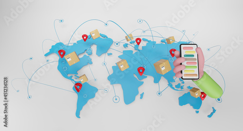 world wide shipping concept with package boxes on world globe map. Express delivery concept, fast shipping, 3d illustration