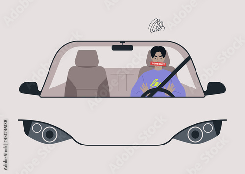 An angry male Asian driver honking and swearing in their car, a windshield front view