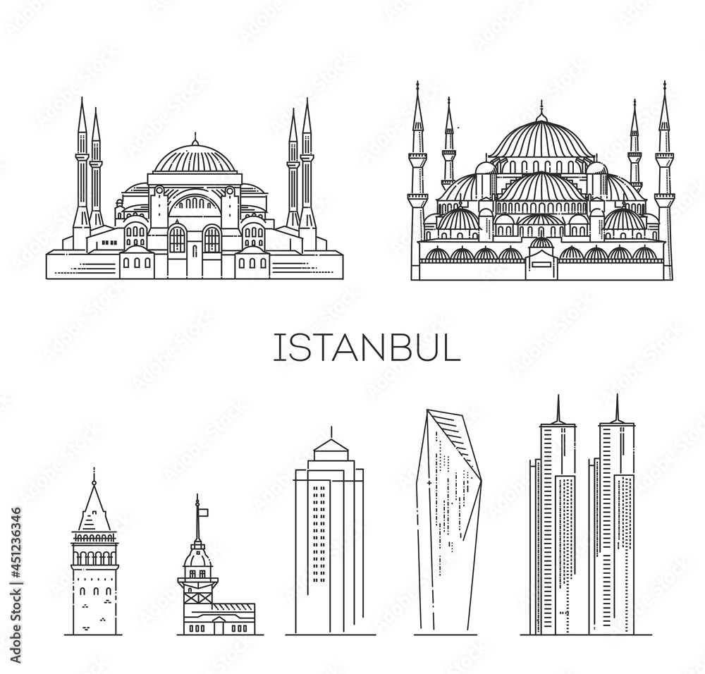 Tourist attractions of Turkey. Vector symbols