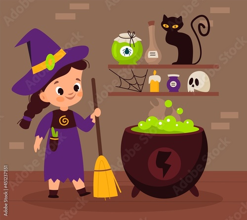 Halloween witch. Sorceress brewing magic potion in cauldron. Cartoon enchantress holding broom. Pot with poison and charmed items, black cat or skull. Wizard s home. Vector concept