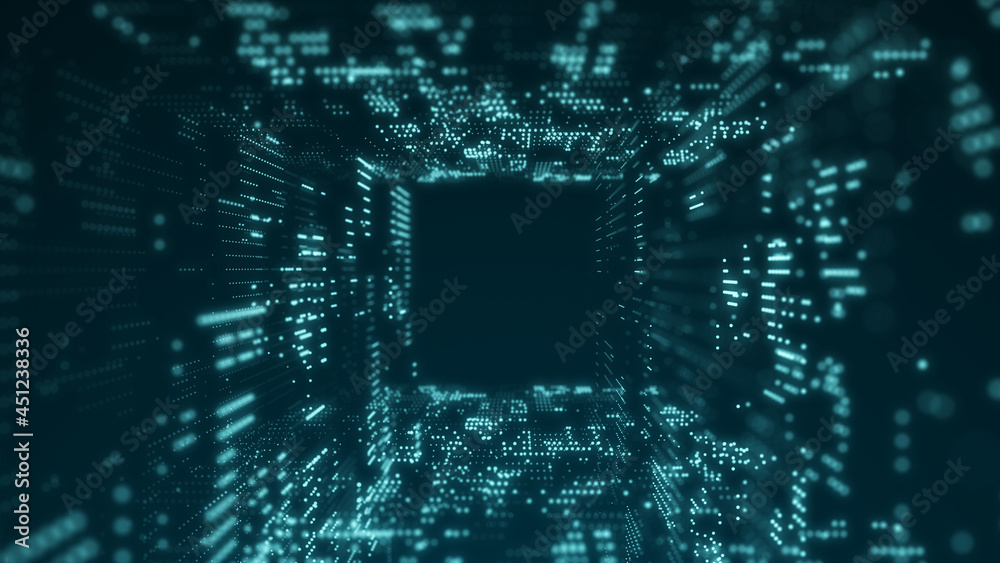 Fototapeta premium Cyber tunnel consisting of moving glowing points. Futuristic infinite space background. Concept of data transfer in cyberspace. Hi-tech illustration. 3d rendering.