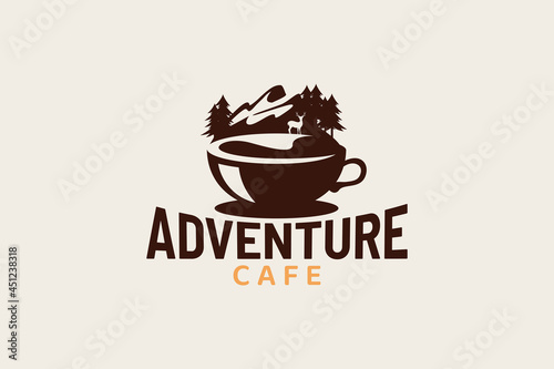 
adventure cafe logo with a combination of coffee cup and natural scenery for any business especially for adventure, outdoor activity, cafe, coffee shop, bar, etc.