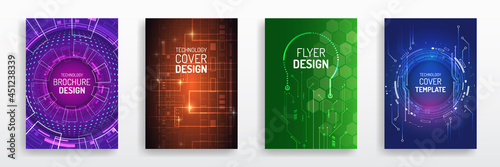 Contemporary science and digital technology concept. Vector template for brochure or cover with hi-tech elements background. Blue layout futuristic brochures, flyers, placards, presentation.
