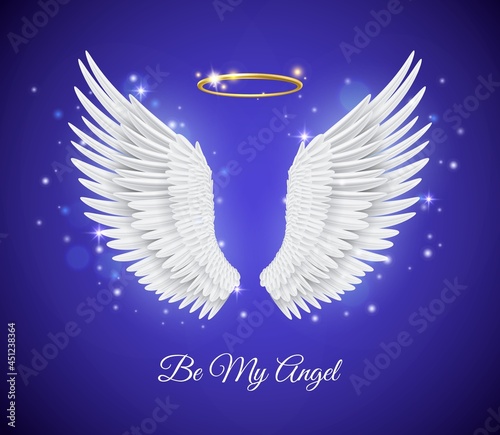 Realistic angel wings. 3d white feathers with golden ring nimbus, pure soul card, beautiful fly objects, freedom and spiritual symbols flight animals parts. Vector isolated concept