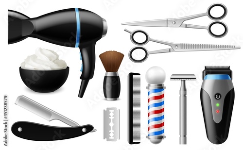 Realistic barber tools. Barbershop isolated objects, men beauty salon professional tools, shaving and fashion hairstyle items. Hair care, curling iron, scissors and combs vector 3d set