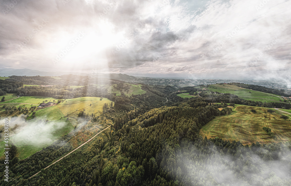 Luftaufnahme der Landschaft aus der Region über den Wäldern von Österreich