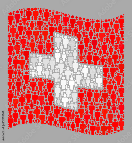 Mosaic waving Swiss flag constructed with men icons. Vector crowd mosaic waving Swiss flag designed for political purposes. Swiss flag collage is designed with randomized population icons.
