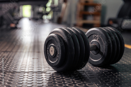 The dumbbell lies on the floor. Gym. Training