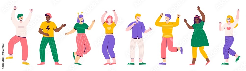 Party people. Dancing women and men festive characters, cheerful guys and girls in bright fashionable clothes, happy young friends celebration. Celebrate anniversary vector cartoon isolated set