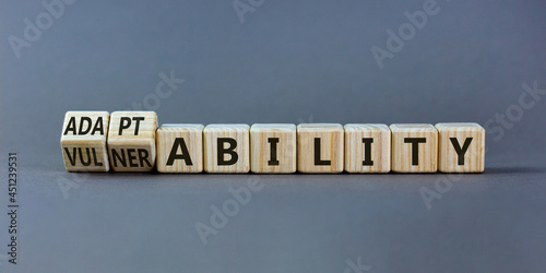 Vulnerability or adaptability symbol. Turned wooden cubes and changed words 'vulnerability' to 'adaptability'. Grey background, copy space. Business, vulnerability or adaptability concept. photo
