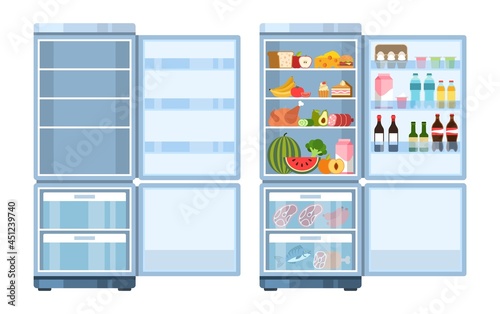 Fridge. Open empty refrigerator and with products, healthy food water and milk, fruit and vegetable, alcohol and meat, electronic equipment for products. Vector cartoon flat isolated illustration