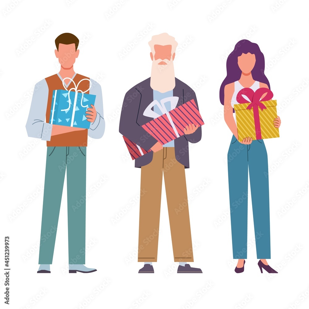 Happy people with gifts. Celebrating characters group holding presents, fun company congratulations friend, man woman and grandfather with package on birthday party, vector cartoon isolated set