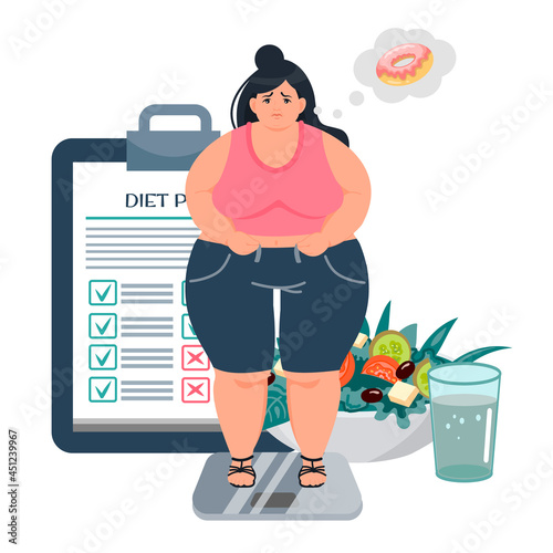 A young obese woman is thinking about how to lose weight and dreams of a donut. Diet, proper nutrition, nutrition plan. The concept of weight loss, a healthy lifestyle. Vector illustration in cartoon 